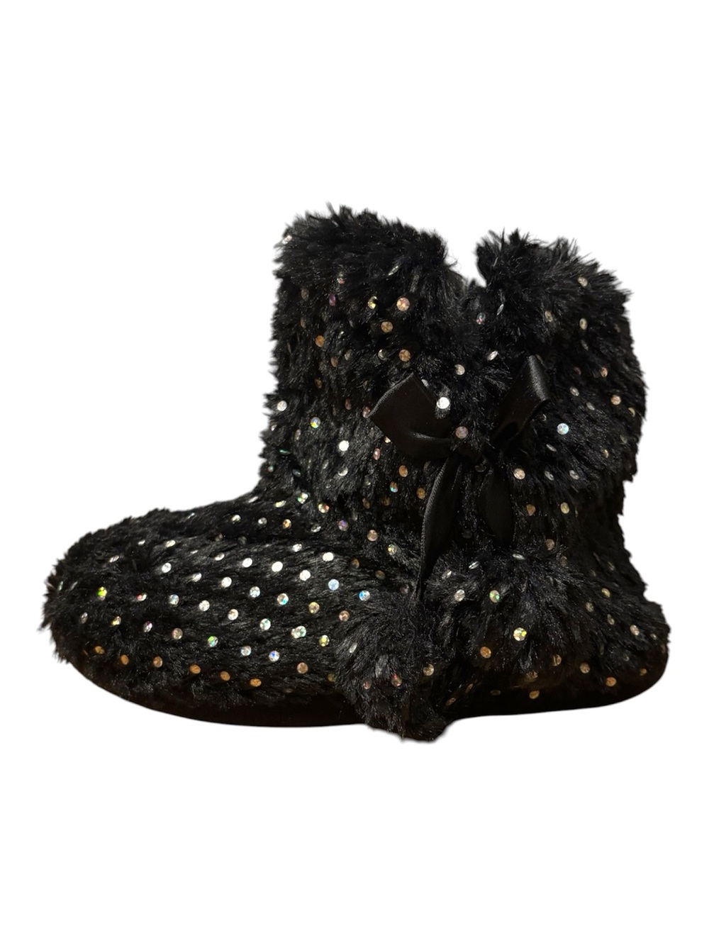 Capelli of New York Black Faux-Fur Sequin Ankle Boot Slippers with Bow Accent